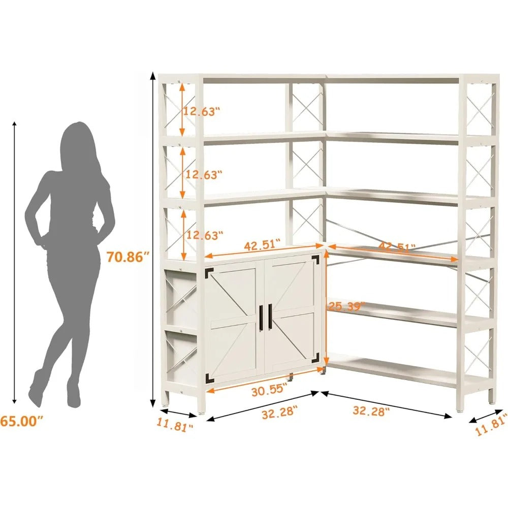 6-Tier L-Shaped Industrial Corner Bookshelf with Cabinet – Large Freestanding Metal & Wood Bookcase for Living Room or Office