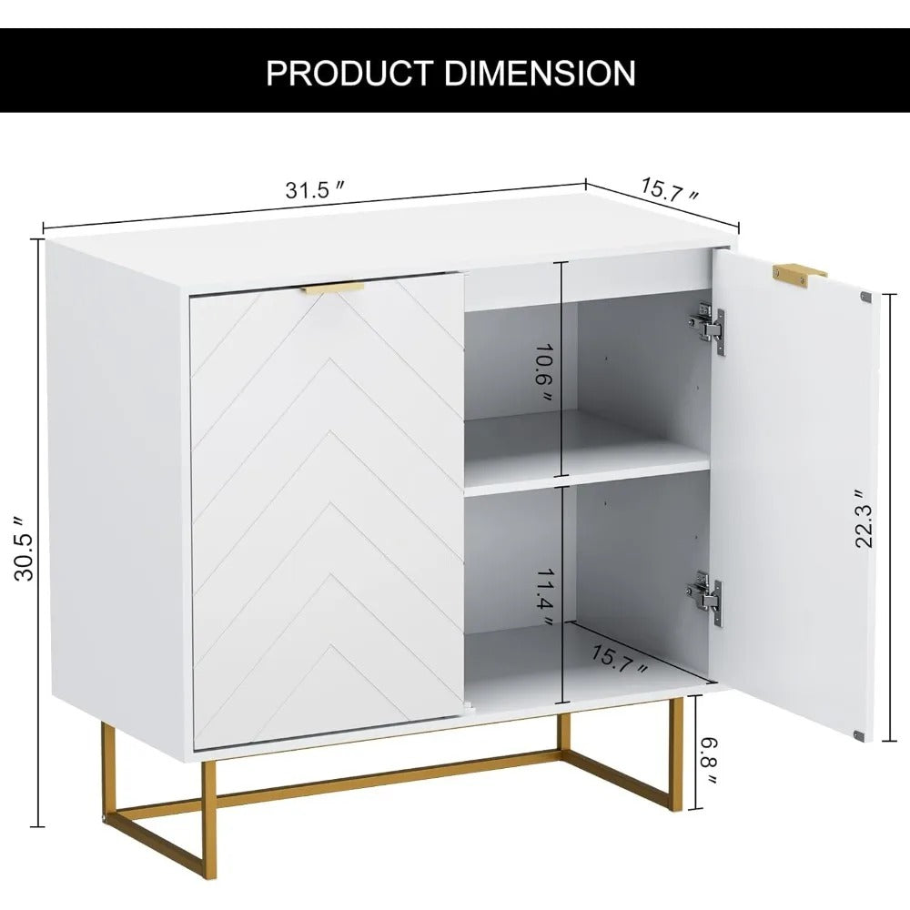 Modern White Sideboard Buffet with Gold Legs – Herringbone Design, Adjustable Shelf, Multi-Purpose Storage Cabinet