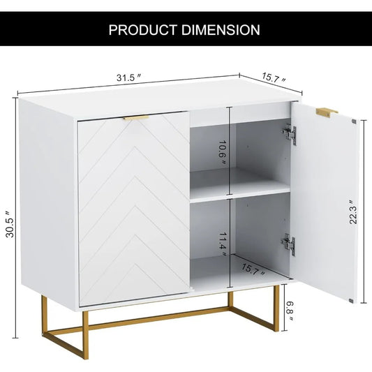 Modern White Sideboard Buffet with Gold Legs – Herringbone Design, Adjustable Shelf, Multi-Purpose Storage Cabinet