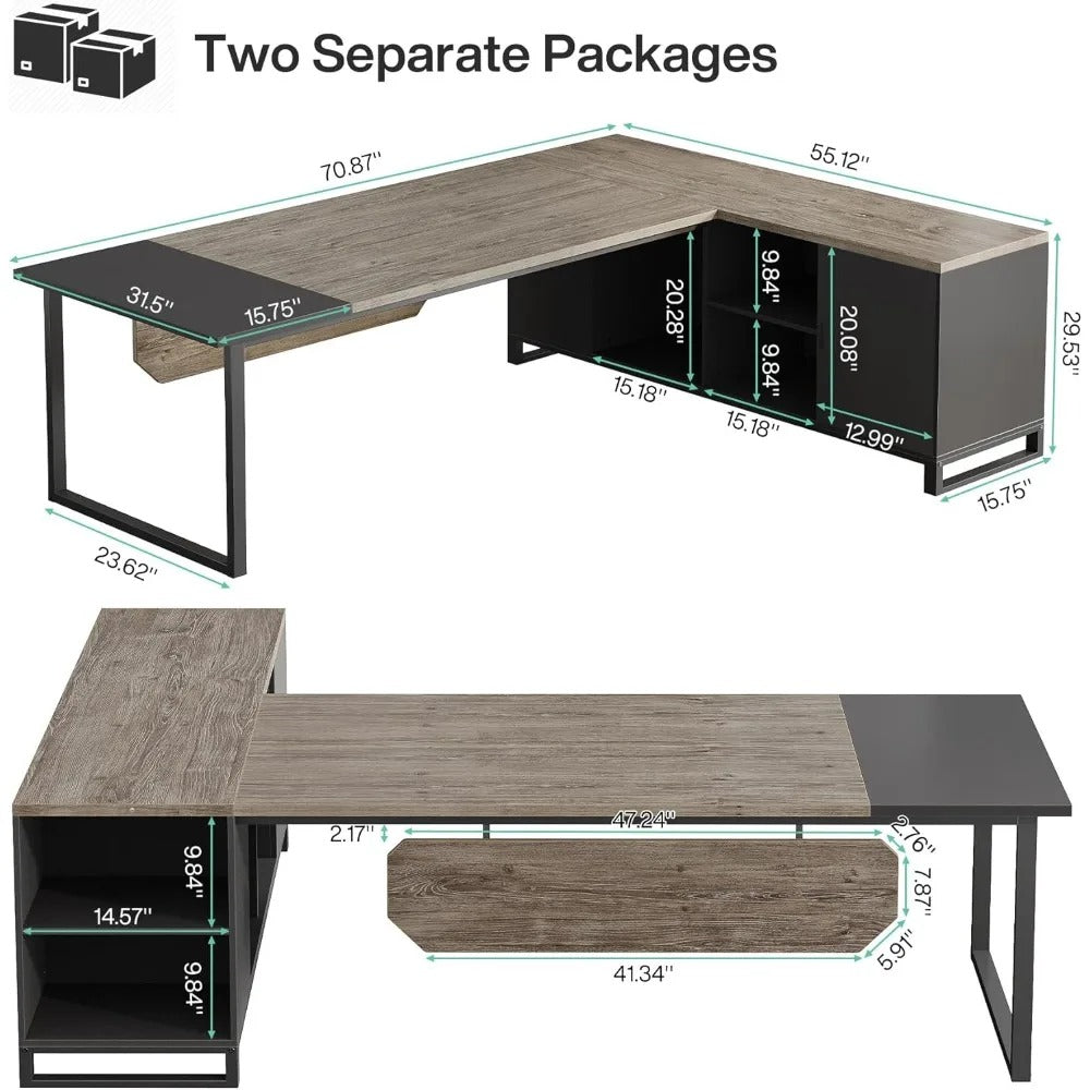 70.8" L-Shaped Executive Desk with 55" File Cabinet – Large Industrial Computer Desk with Storage, Drawers, and Shelves for Home Office