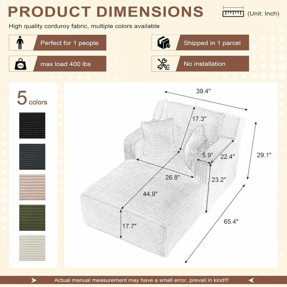 40" Corduroy Chaise Lounge Sofa Bed – Oversized Boneless Couch Sleeper for Indoor Use, Upholstered Cloud Chair in Dark Gray