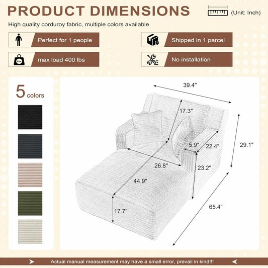 40" Corduroy Chaise Lounge Sofa Bed – Oversized Boneless Couch Sleeper for Indoor Use, Upholstered Cloud Chair in Dark Gray