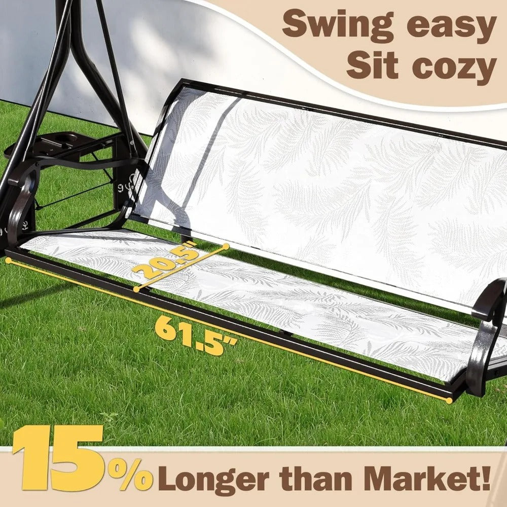 3-Person Outdoor Patio Swing with Adjustable Canopy & Upgraded Cup Holders – Textilene Fabric Porch Swing Chair