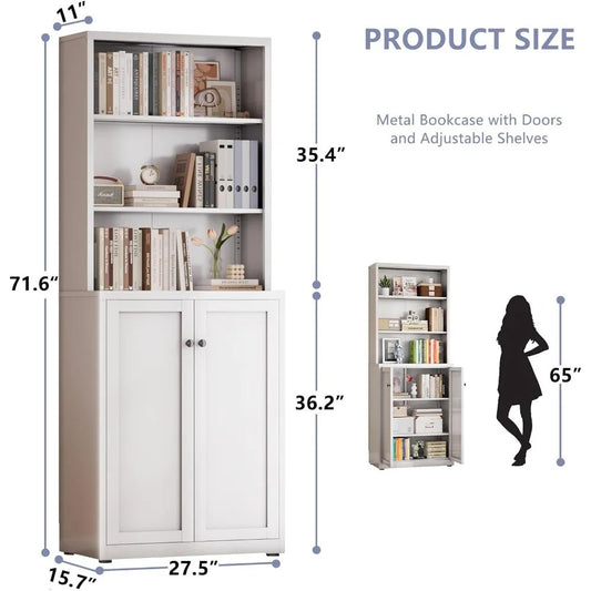 6-Tier Adjustable Metal Bookshelf with Doors – Tall Storage Shelf for Home & Office, 71.6” Height