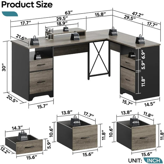 L-Shaped Executive Desk with 4 Drawers – 63" x 47" Corner Desk with File Storage, Monitor Stand & Open Shelves