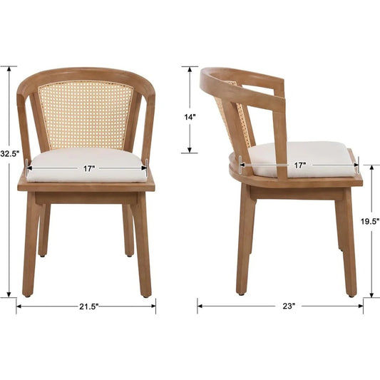 Mid-Century Modern Rattan Dining Chairs Set of 4 – Wooden Farmhouse Cane Back Chairs with Beige Linen Upholstery