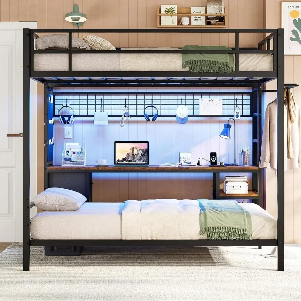 Full Over Twin Metal Bunk Bed with Desk, LED Lights & Charging Station – Loft Bed with Storage Shelves & Safety Guardrails