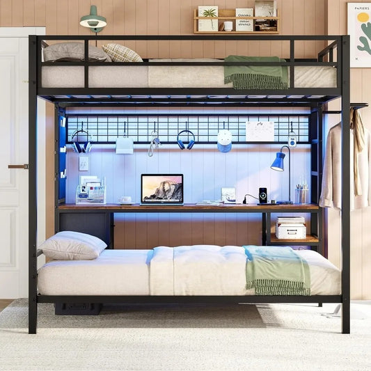 Full Over Twin Metal Bunk Bed with Desk, LED Lights & Charging Station – Loft Bed with Storage Shelves & Safety Guardrails