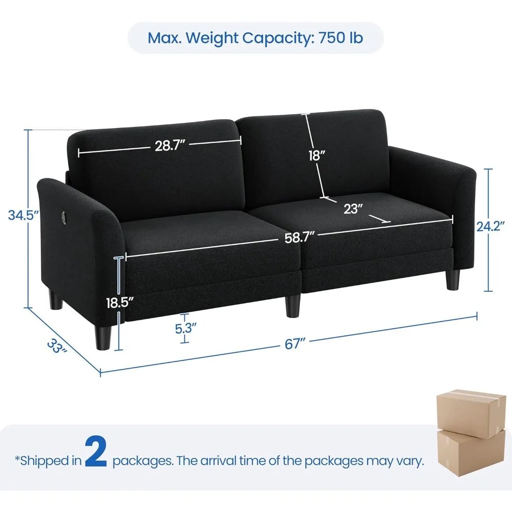 67" Upholstered 2-Seater Sofa with USB Ports – Deep Seat Loveseat for Living Room or Bedroom (Black)