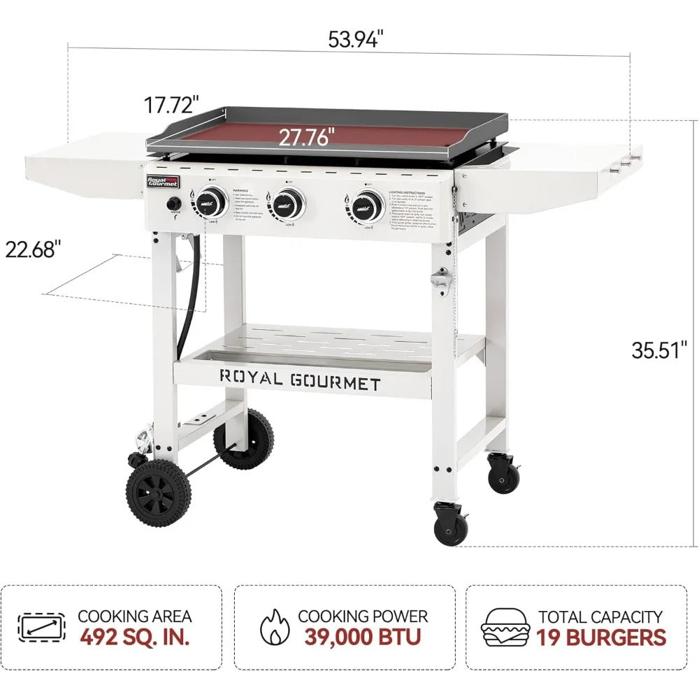3-Burner Outdoor Gas Griddle with Folding Side Tables – 28" Flat Top Grill, 39,000 BTU, 492 Sq.In Cooking Area