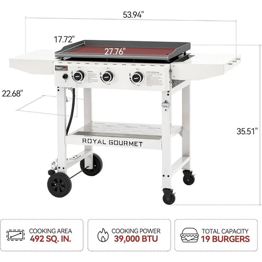 3-Burner Outdoor Gas Griddle with Folding Side Tables – 28" Flat Top Grill, 39,000 BTU, 492 Sq.In Cooking Area
