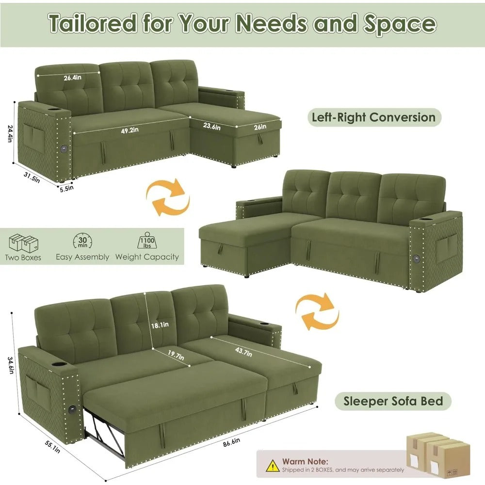 87" Velvet L-Shaped Sleeper Sectional Sofa Bed with Storage, LED Lights & USB Ports – Pull-Out Couch for Modern Living Rooms