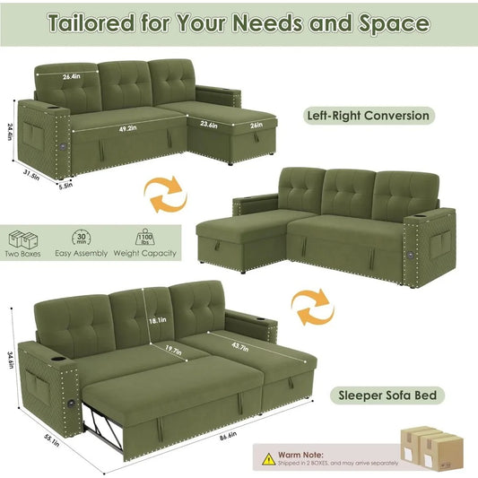 87" Velvet L-Shaped Sleeper Sectional Sofa Bed with Storage, LED Lights & USB Ports – Pull-Out Couch for Modern Living Rooms