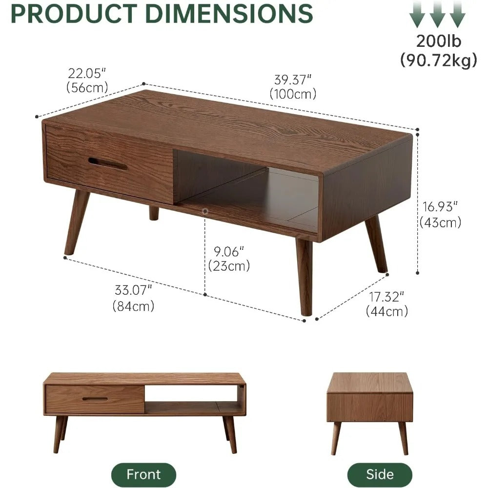 100% Solid Wood Mid-Century Modern Coffee Table – 39.37" Coffee Table with 2 Drawers & Open Shelf, Walnut Finish