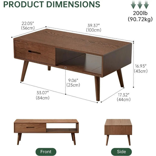 100% Solid Wood Mid-Century Modern Coffee Table – 39.37" Coffee Table with 2 Drawers & Open Shelf, Walnut Finish