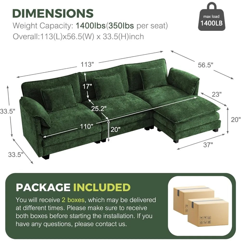 113" Modular L-Shaped Cloud Sofa with Ottoman, Deep Seat Sectional for Living Room – Green