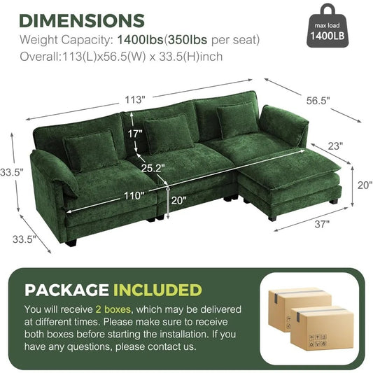 113" Modular L-Shaped Cloud Sofa with Ottoman, Deep Seat Sectional for Living Room – Green