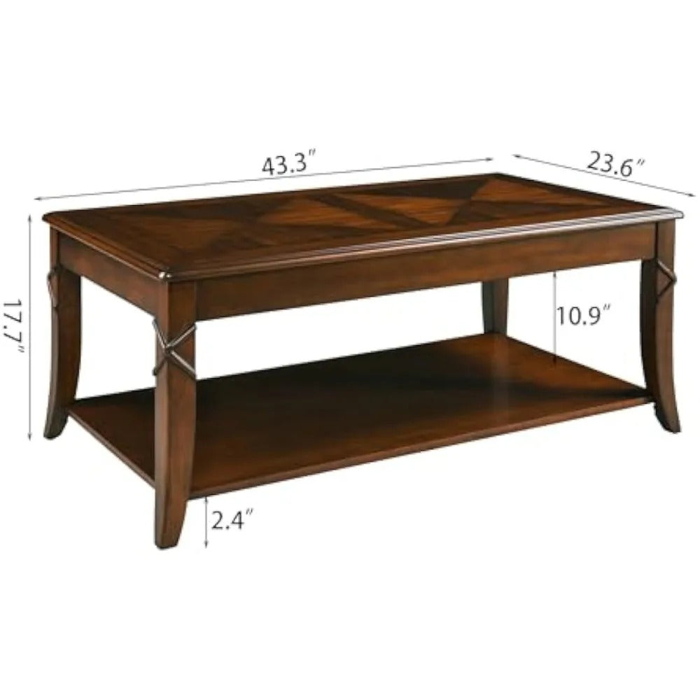 Cherry Queen Anne Solid Wood Coffee Table with Storage Shelf – 43.3" Mid-Century Elegance
