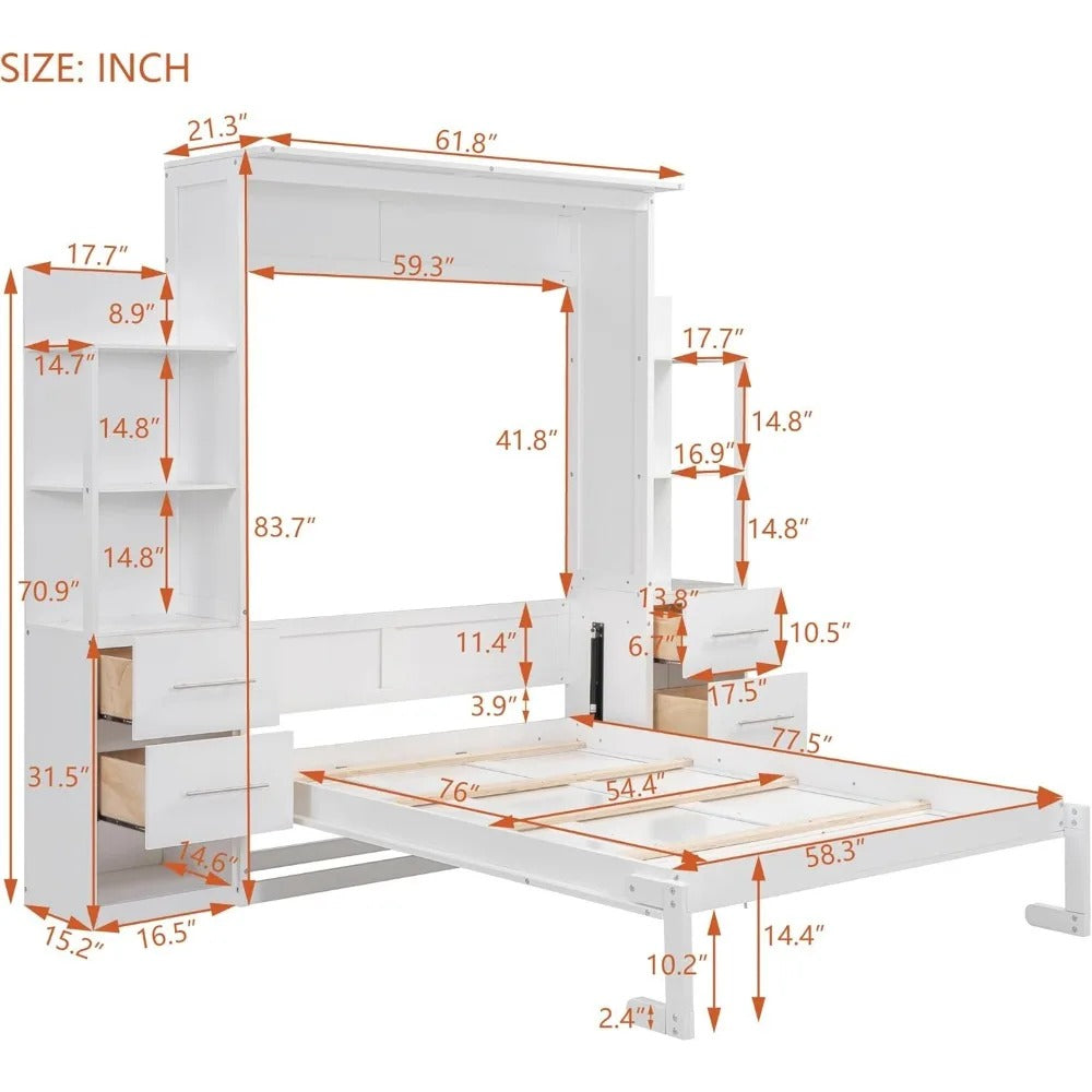 Full Size Modern Murphy Bed with Storage, Drawers & LED Lights – Foldable Wall Bed Cabinet for Space-Saving Rooms