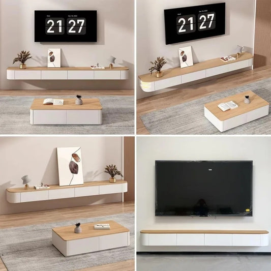 Modern Floating TV Stand – Wall-Mounted Entertainment Console with Door & Shelves, Solid Wood, 55" Wood/White Finish