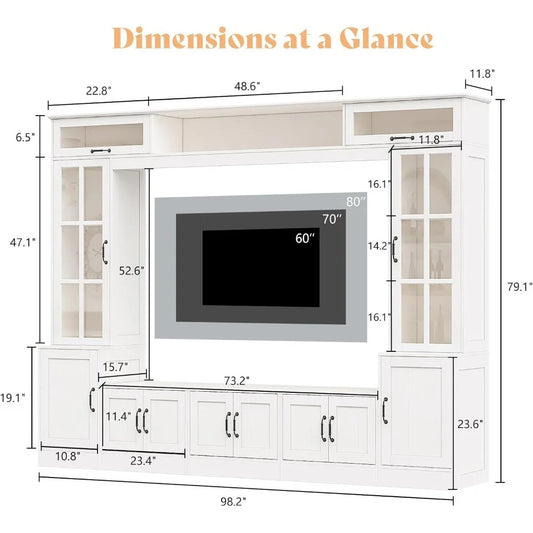 98" Wall Unit Entertainment Center with LED Lights – TV Stand with Storage, Bookshelves & Cabinets for TVs up to 80", White Modern Design