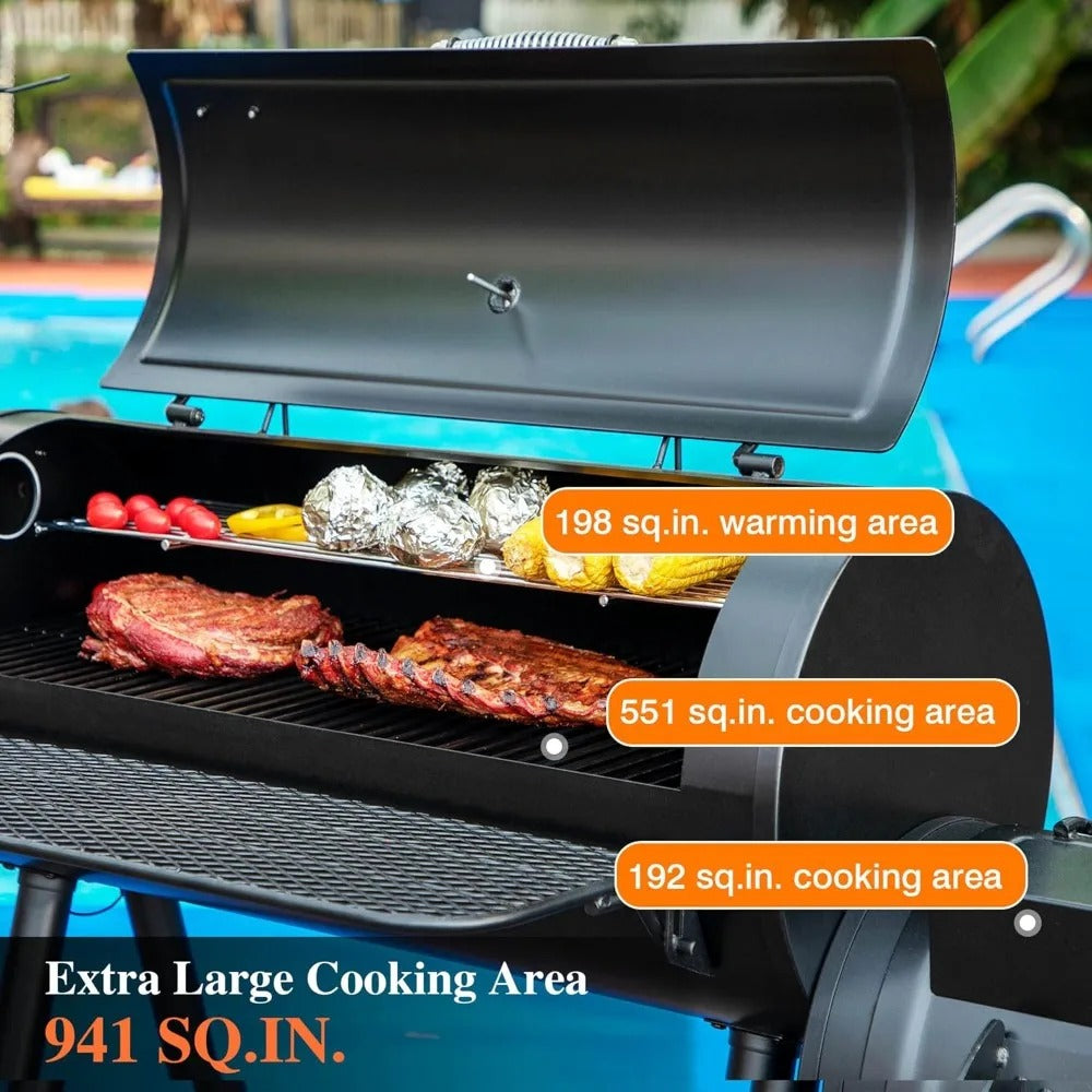 Durable charcoal grill with 941 sq. in. of cooking space, integrated offset smoker, warming rack, and heavy-duty steel construction. Perfect for hosting large outdoor BBQs and events.