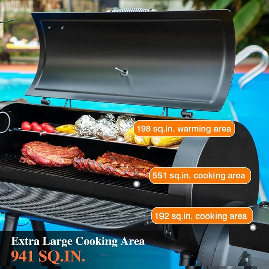 Durable charcoal grill with 941 sq. in. of cooking space, integrated offset smoker, warming rack, and heavy-duty steel construction. Perfect for hosting large outdoor BBQs and events.