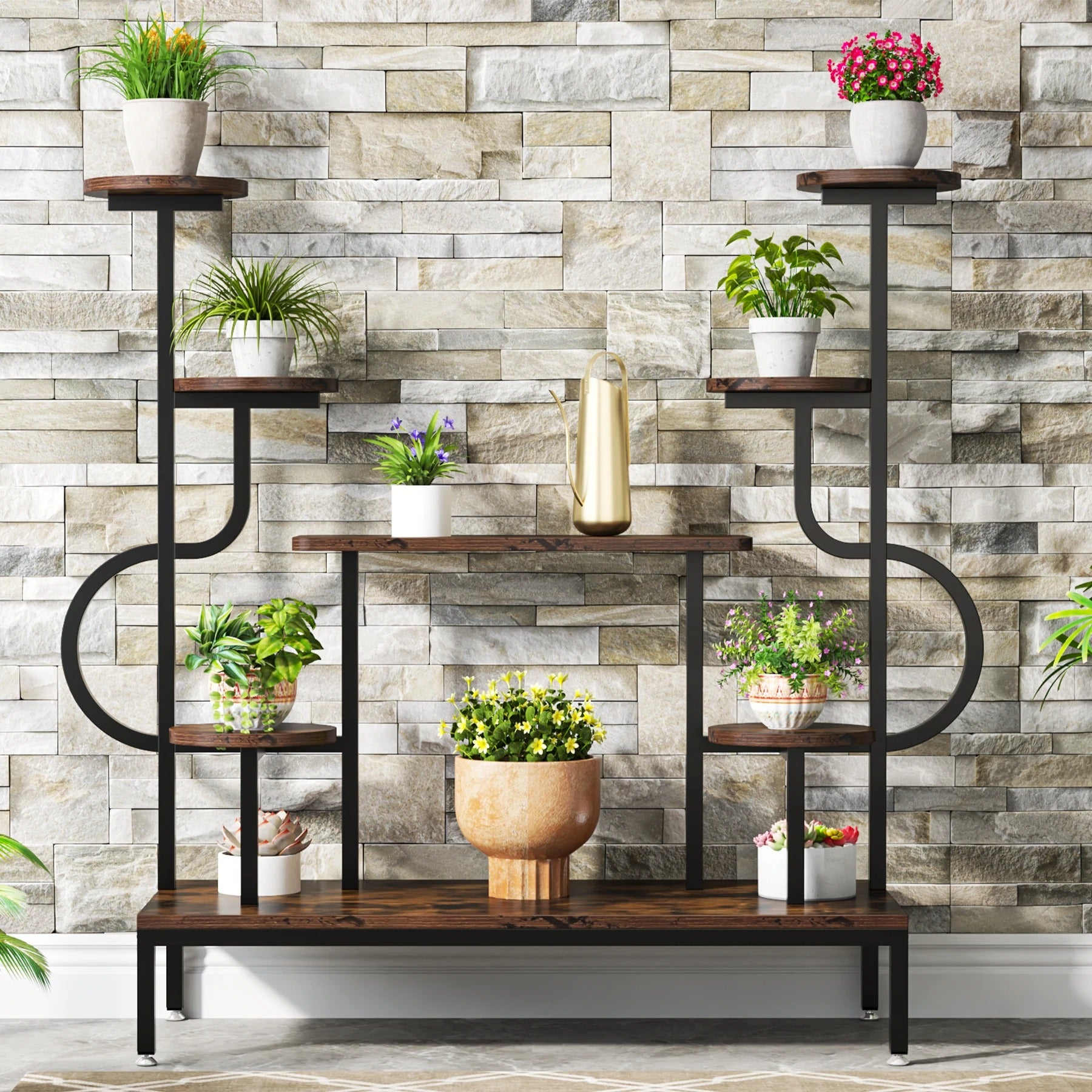 Modern Indoor Plant Stand – Tall Multi-Level Shelf with Round & Square Boards for Living Room or Balcony