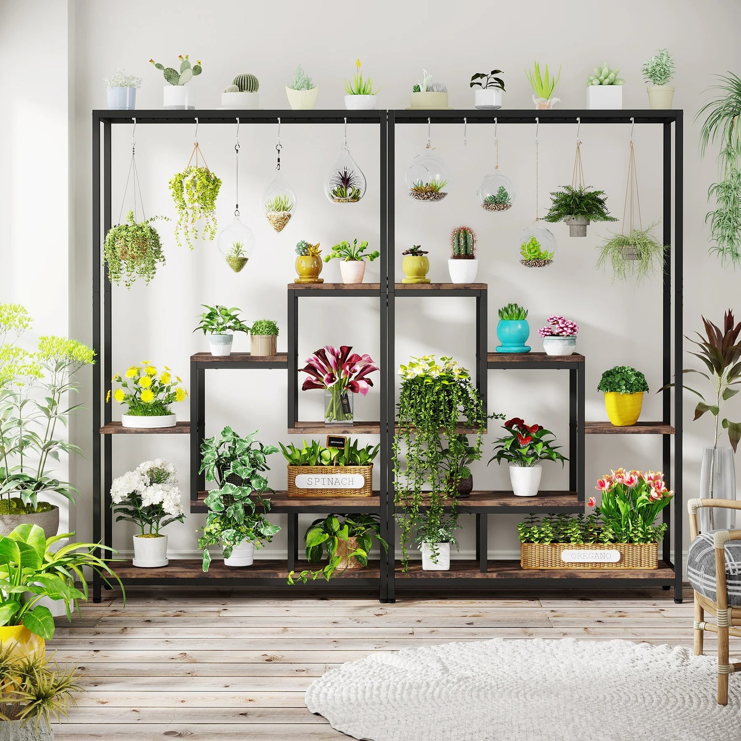 Maximize your greenery with this modern plant stand featuring a vertical ladder design, 6 hanging hooks, and spacious shelves to brighten any indoor or outdoor space.