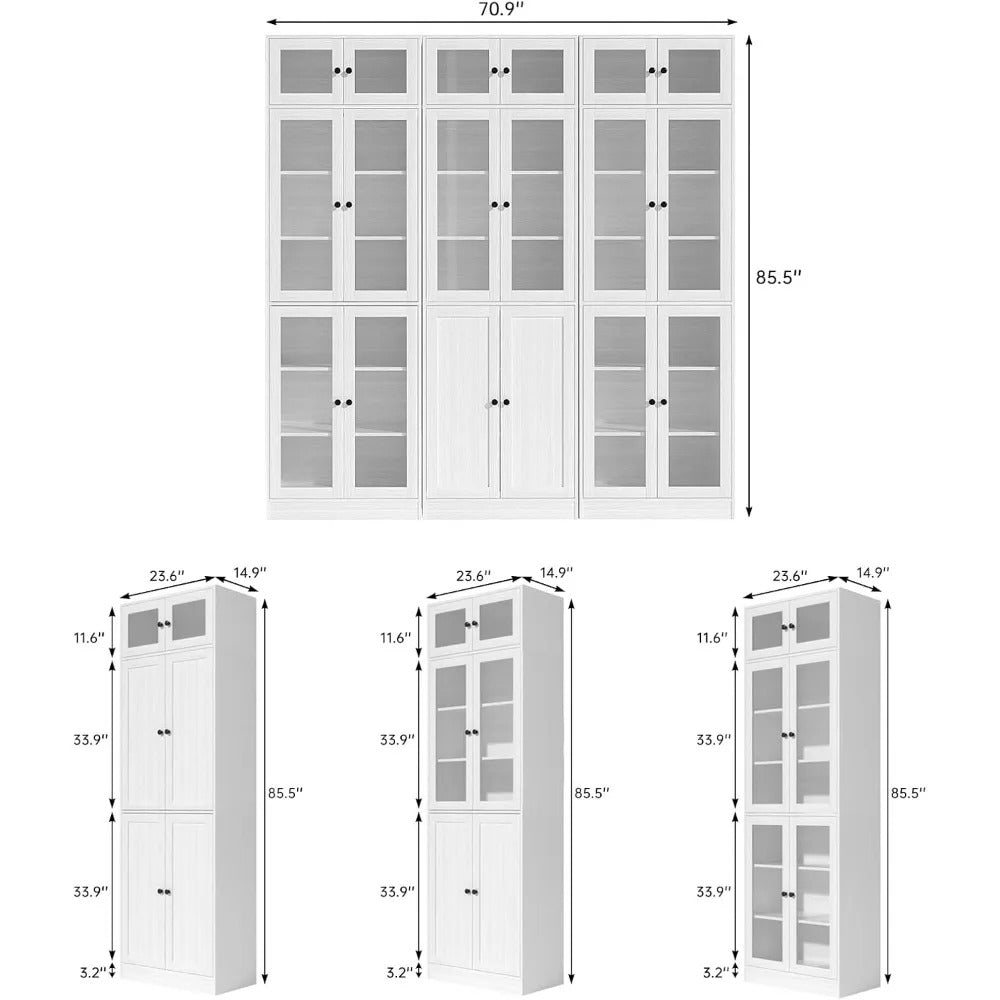 85.5" Tall White Curio Cabinet with Glass Doors – 7-Tier Bookcase & Display Shelf for Living Room, Kitchen, or Office