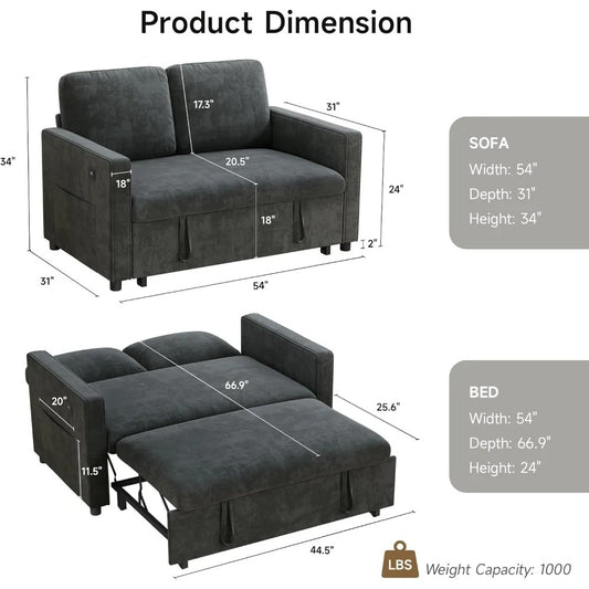 3-in-1 Convertible Sleeper Sofa Bed – 54" Pull-Out Loveseat with Adjustable Backrest, Storage Pockets & USB/Type-C Charging Ports