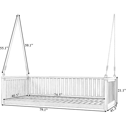 Minimalist Acacia Wood Porch Swing Bed – Twin Size 2-Person Outdoor Hanging Bench with Hemp Rope, for Patio, Garden, or Poolside
