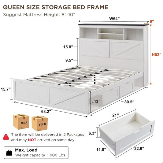 Farmhouse Queen Bed Frame with 52" Storage Headboard, LED Lights, Charging Station & 4 Drawers – Solid Wood Slats, White