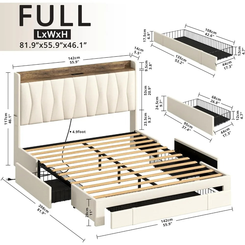 Full Size Upholstered Bed Frame with Storage Headboard, Charging Station & 3 Drawers – No Box Spring Needed, Beige Linen