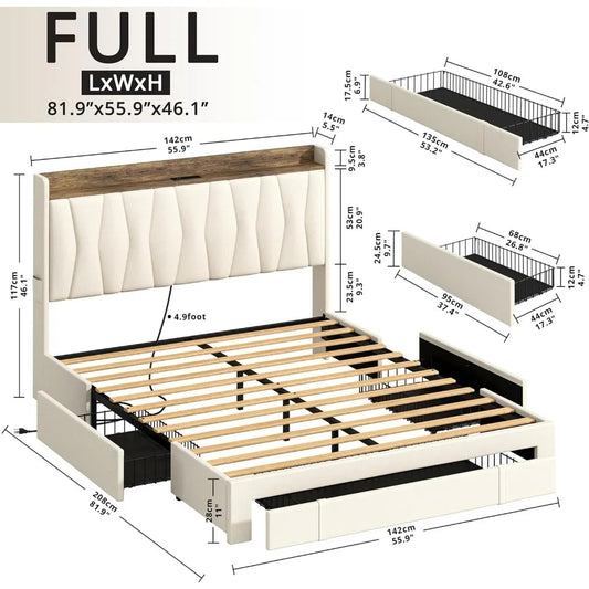 Full Size Upholstered Bed Frame with Storage Headboard, Charging Station & 3 Drawers – No Box Spring Needed, Beige Linen