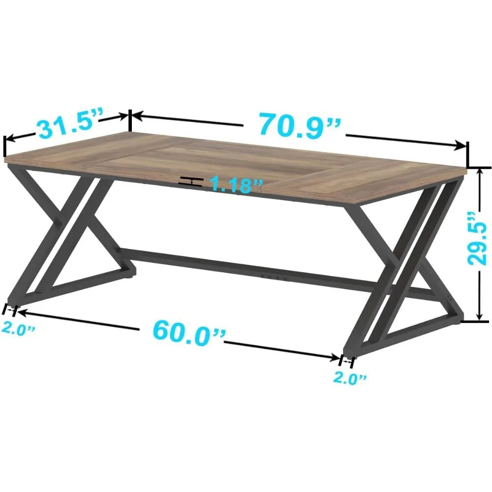 70" Rustic Industrial Computer Desk – Extra Long Office Desk with Metal Frame & Wood Top, Farmhouse Writing Table for Home or Work