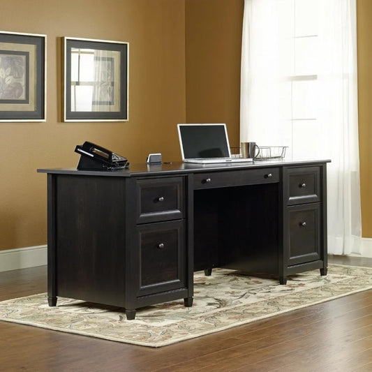 Edge Water Executive Desk with File Drawers & Keyboard Tray – 65” Estate Black Office Desk with Storage