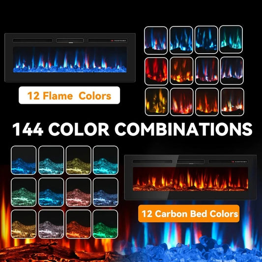 60" Wall-Mounted Electric Fireplace – Ultra-Thin Recessed Heater with 12 Flame Colors & Remote