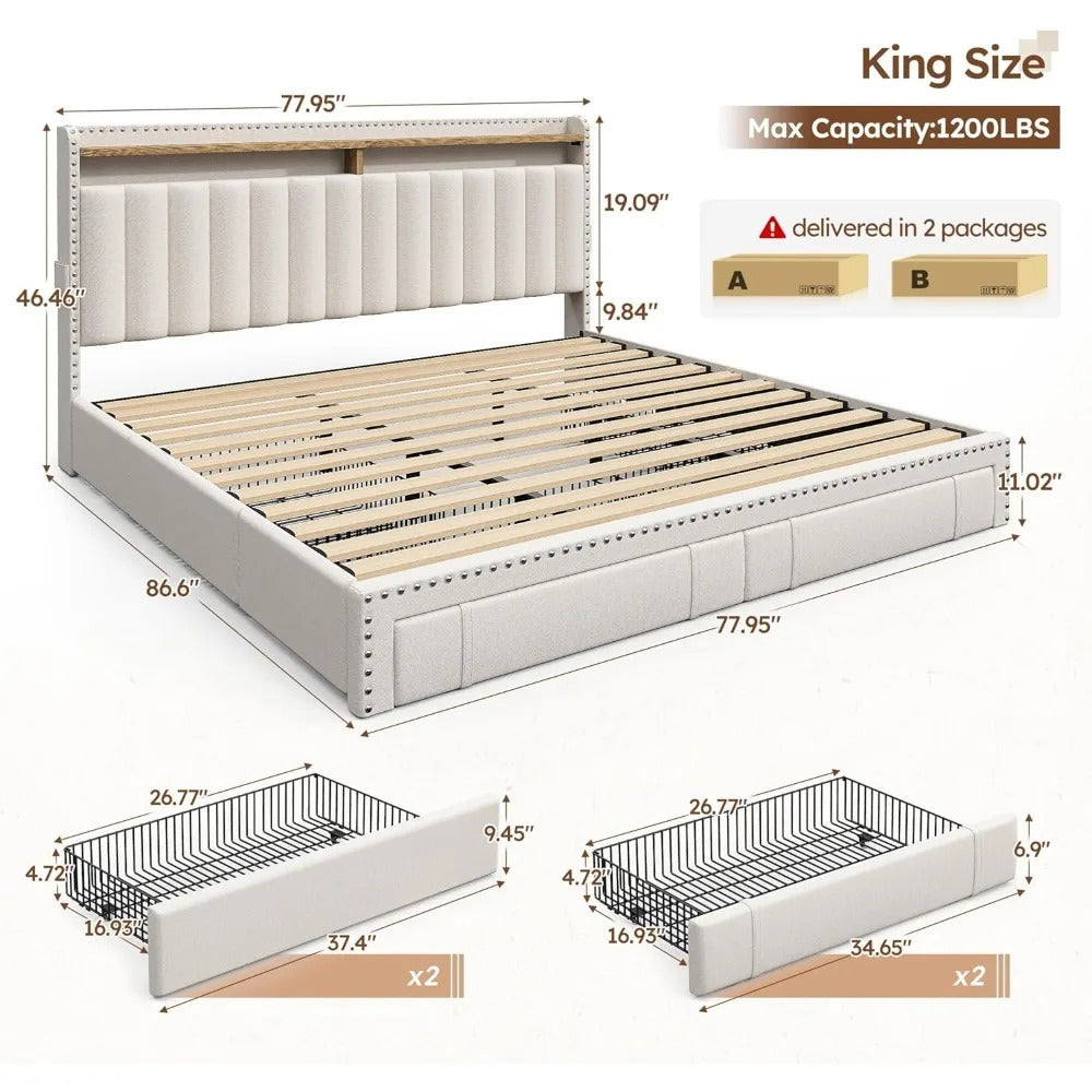 King Size Upholstered Bed Frame with Headboard, 4 Storage Drawers, Shelves & Noise-Free Support – 1200LBS Capacity, Beige