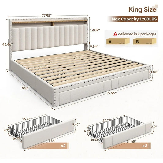 King Size Upholstered Bed Frame with Headboard, 4 Storage Drawers, Shelves & Noise-Free Support – 1200LBS Capacity, Beige