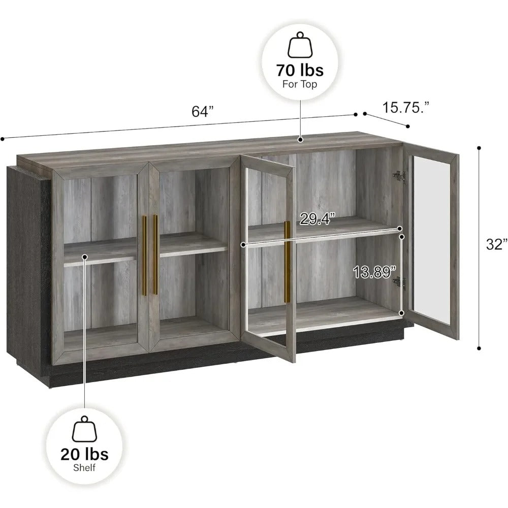Modern Wood Buffet Sideboard with Glass Doors – 4-Door Console Cabinet with Adjustable Shelves for Dining Room, Kitchen, or Living Room