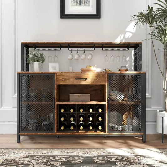 55” Industrial Wine Bar Cabinet with Drawer, LED Lights, Wine Rack & Glass Holder – Coffee Bar Sideboard for Kitchen or Dining Room