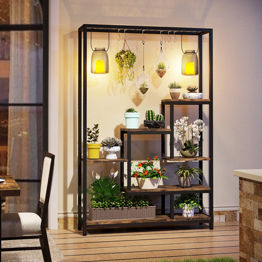Maximize your greenery with this modern plant stand featuring a vertical ladder design, 6 hanging hooks, and spacious shelves to brighten any indoor or outdoor space.