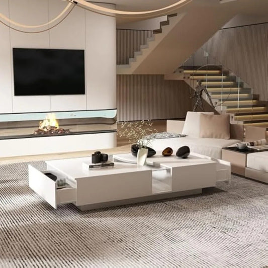 Modern LED Coffee Table with Glass Top – White Center Table with 2 Drawers & Storage for Living Room
