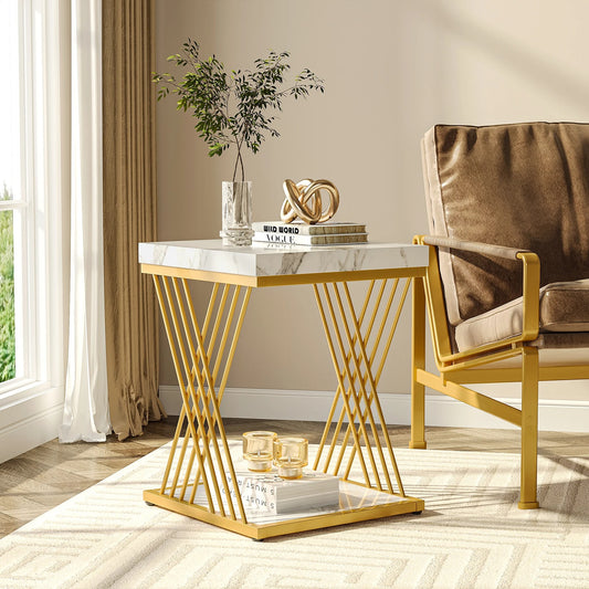 Modern White and Gold Square Side Tables – Set of 2 Elegant 2-Tier Accent Tables