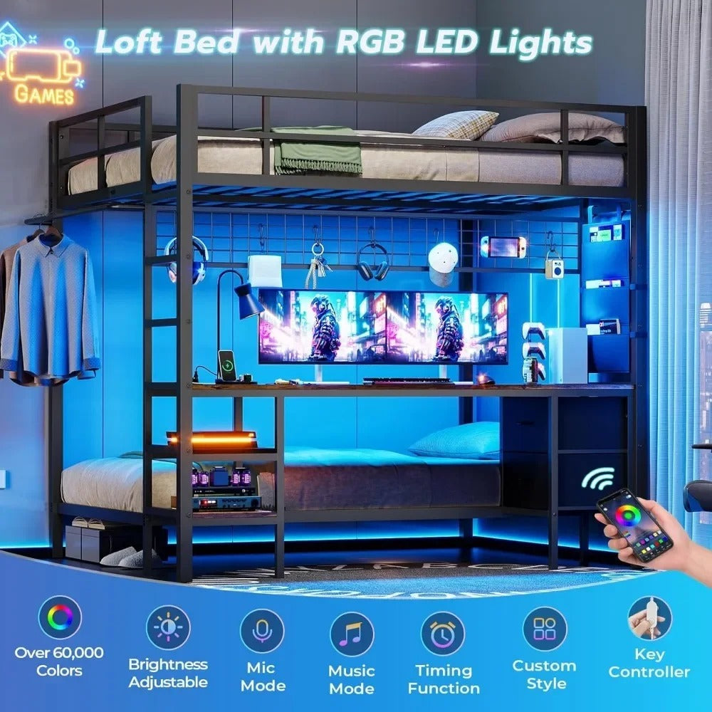 Full Over Twin Metal Bunk Bed with Desk, LED Lights & Charging Station – Loft Bed with Storage Shelves & Safety Guardrails