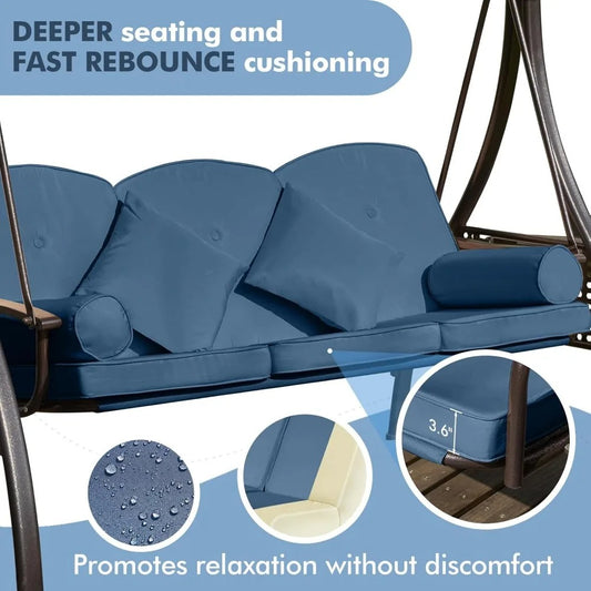 3-Seat Convertible Patio Swing with Adjustable Hardtop – Outdoor Porch Swing Bed with Thick Cushions, Cup Holders & Steel Frame