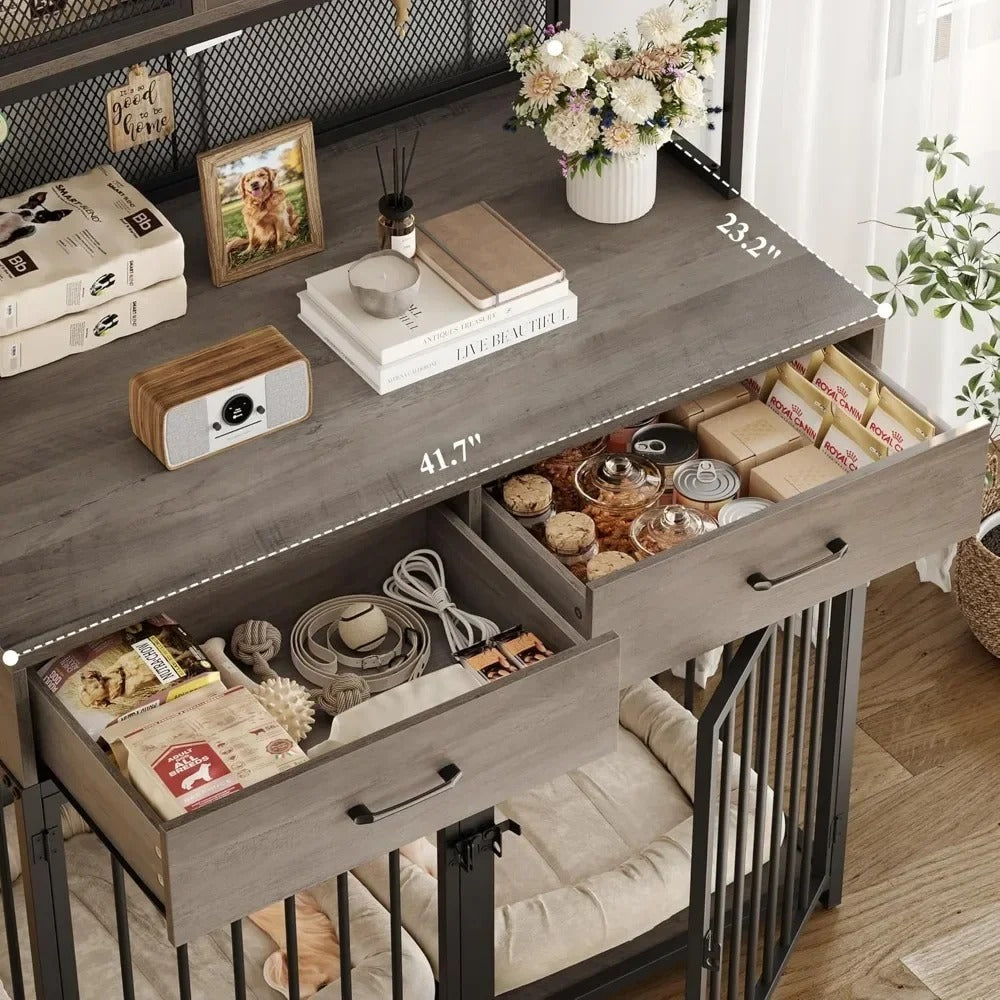 71" Tall Wooden Dog Crate Furniture with Hutch – Indoor Dog Kennel with Drawers & Storage (Fits 42" Dog Cage)