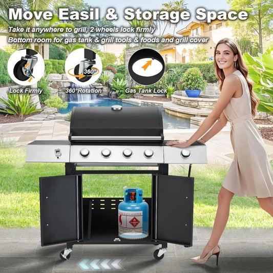 4-Burner Propane Gas Grill with Side Burner – 481 Sq. In. Cooking Space, Lockable Wheels, and Storage Cabinet