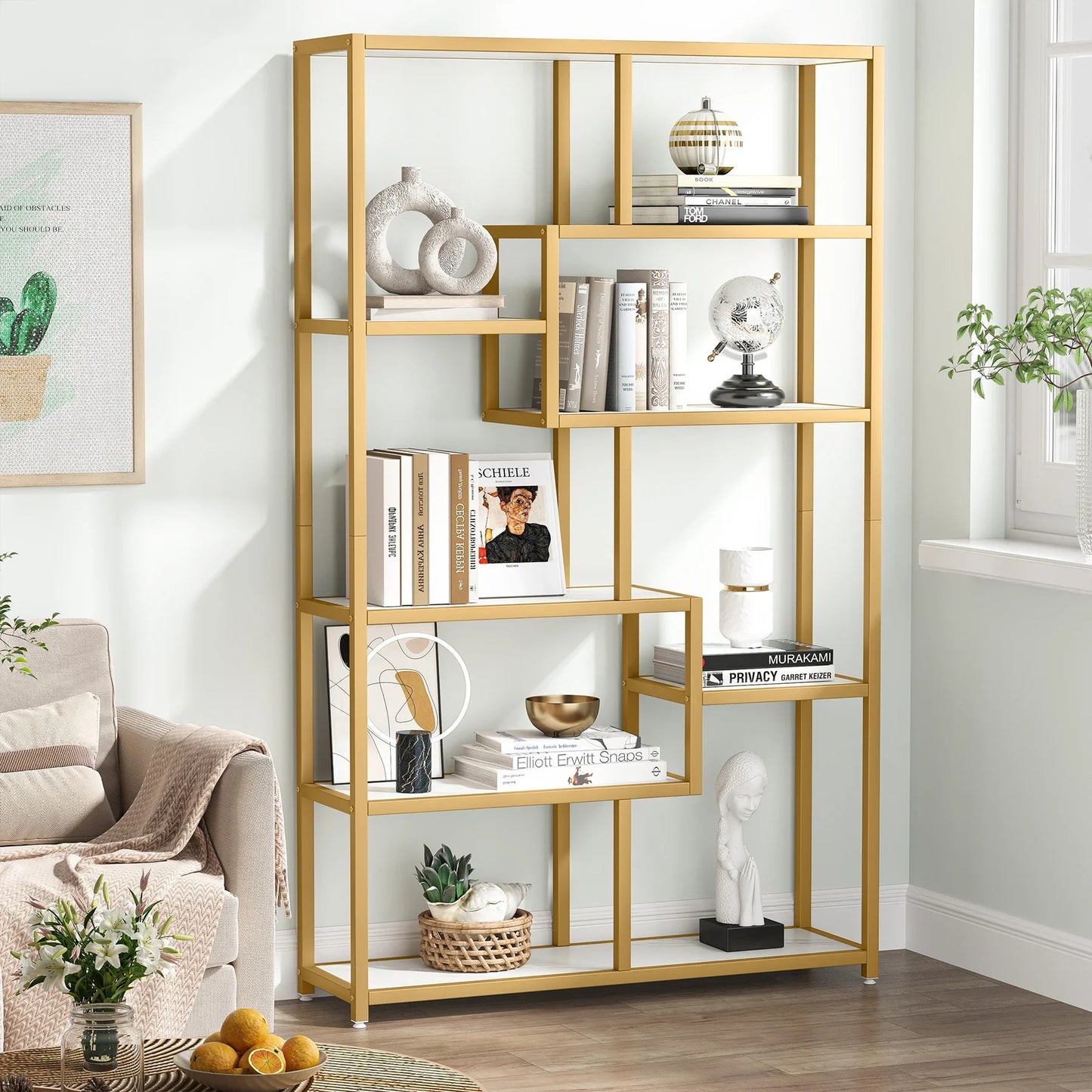 Modern Gold Display Bookshelf with Faux Marble – 8 Open Shelves Geometric Etagere for Living Room or Office